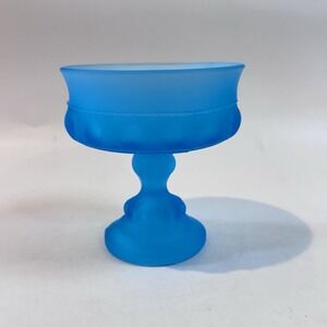 Vintage Fenton Blue Satin Glass Compote Pedestal Candy Nut Bowl Dish Thumbprint